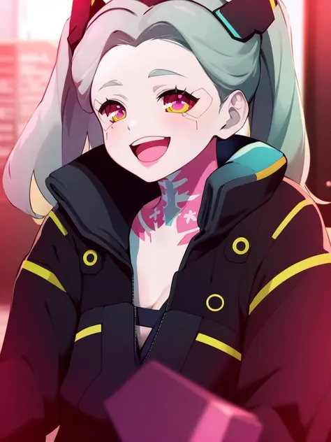 cyberpunk, rebecca, open_mouth, solo, pink neck tattoo, eye, smile, black jacket, close-up, face, 1girl , <lora:Rebecca2-000020:0.7>