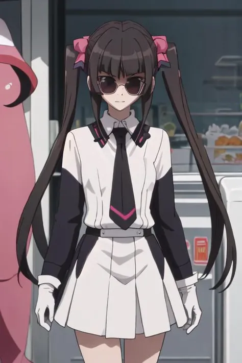 best quality, masterpiece, highres, solo, {black business suit:1.40}, {tie:1.20}, {sunglasses:1.25}, {white gloves:1.15}, {white shirt:1.10}, {black skirt:1.15}, {smoking:1.20}, handsome, {tsukuyomi_shirabe_senkizesshousymphogear:1.15}, black_hair, bangs, twintails, blunt_bangs, long_hair, pink_eyes