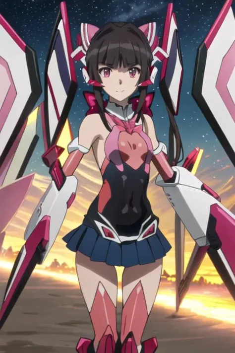 best quality, masterpiece, highres, solo, {night:1.10}, {starry sky:1.10}, beach, beautiful detailed sky, {extremely detailed background:1.20}, {tsukuyomi_shirabe_senkizesshousymphogear:1.15}, {standing:1.10}, looking at viewer, {bikini:1.30}, black_hair, bangs, twintails, blunt_bangs, long_hair, pink_eyes, light smile