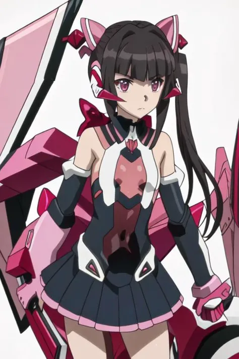 best quality, masterpiece, highres, solo, {tsukuyomi_shirabe_senkizesshousymphogear:1.15}, black_hair, bangs, twintails, blunt_bangs, long_hair, pink_eyes