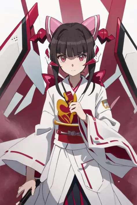 best quality, masterpiece, highres, solo, {white kimono:1.35}, {red hakama:1.35}, {wide sleeves:1.20}, {tsukuyomi_shirabe_senkizesshousymphogear:1.15}, black_hair, bangs, twintails, blunt_bangs, long_hair, pink_eyes