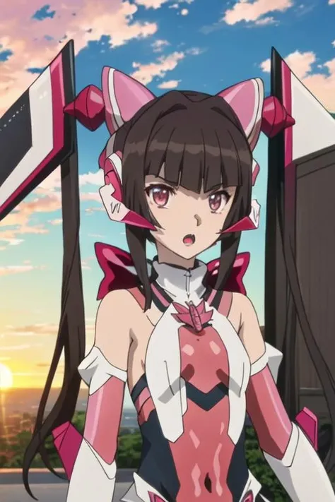 best quality, masterpiece, highres, solo, {tsukuyomi_shirabe_senkizesshousymphogear:1.15}, black_hair, bangs, twintails, blunt_bangs, long_hair, pink_eyes, 1girl, brown_hair, hair_ribbon, necklace, ribbon, sunset, jewelry, pendant, anime_coloring, cloud, open_mouth, upper_body, looking_at_viewer, turtleneck