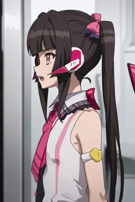 best quality, masterpiece, highres, solo, {tsukuyomi_shirabe_senkizesshousymphogear:1.15}, black_hair, bangs, twintails, blunt_bangs, long_hair, pink_eyes, 1girl, from_side, headgear, headphones, profile, upper_body, bare_shoulders, open_mouth