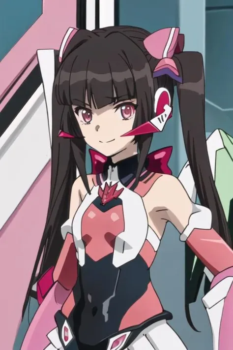 best quality, masterpiece, highres, solo, {tsukuyomi_shirabe_senkizesshousymphogear:1.15}, black_hair, bangs, twintails, blunt_bangs, long_hair, pink_eyes, 1girl, closed_mouth, looking_at_viewer, bare_shoulders, portrait, anime_coloring, smile