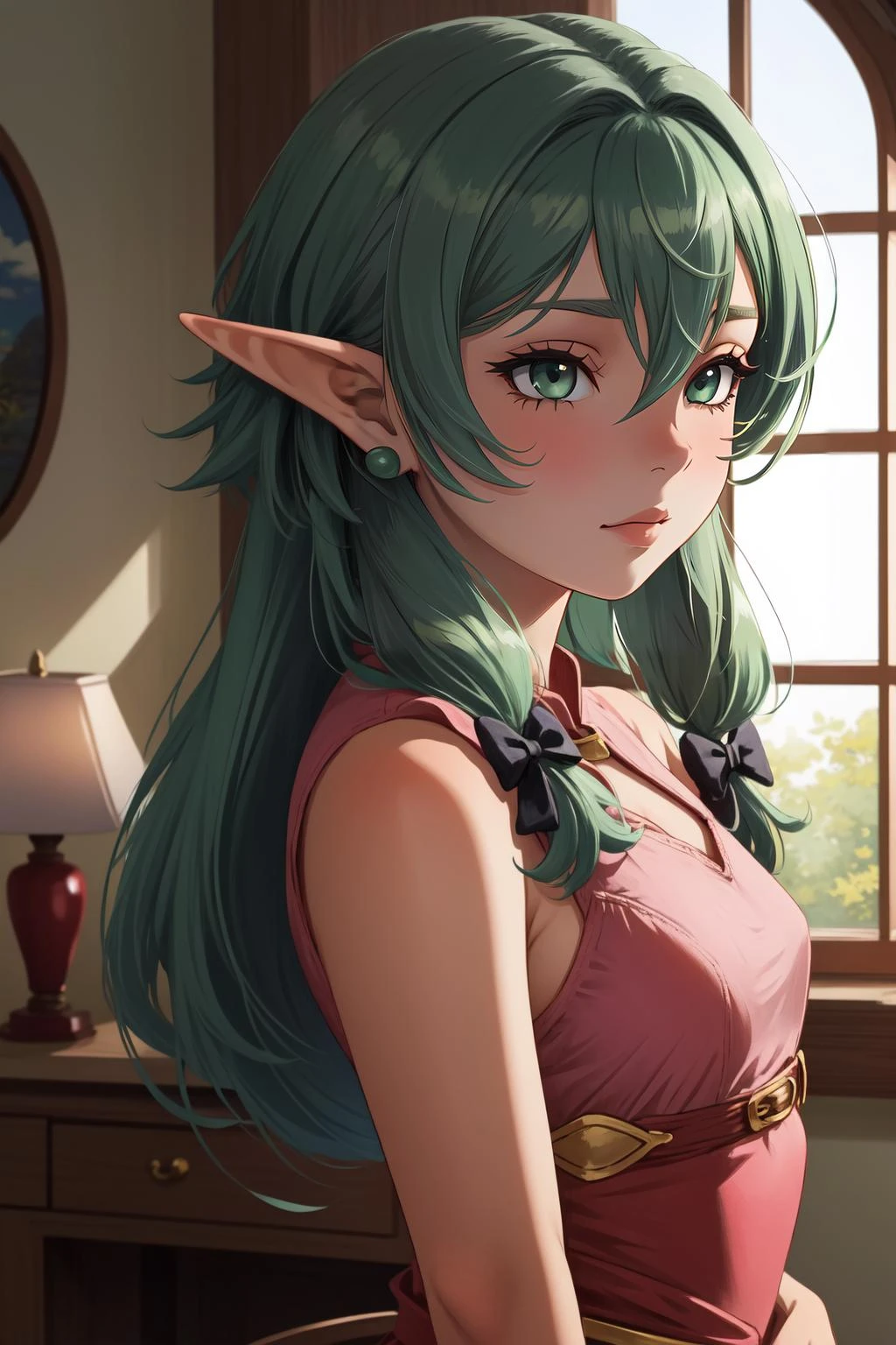 (masterpiece, best quality), intricate details,
1girl, <lora:high_elf_archer-10:0.6> high_elf_archer, elf, pointy ears, long hair, sidelocks, bow, hair bow, black bow, small breasts, hair between eyes, green hair,
<lora:furthermore:0.4> <lora:Msgk_face:0.8> <lora:princess_peach_dress_outfit-v1:0.8> peachdress, pink dress,
