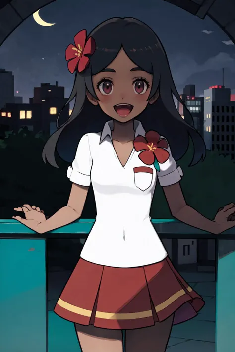 masterpiece, best quality, looking at viewer, facing viewer, nice hands, perfect hands, <lora:PokemonV2:1> <lora:GoodHands-vanilla:1>, generation 9, 1girl, solo, (night:1.3), low key, <lora:LowRA:0.7>, excited, blush, balcony, penthouse, wide windows, city, smile, happy, <lora:LassSM:0.7> LassSM, bangs, skirt, shirt, collarbone, white shirt, short sleeves, teeth, shiny, collared shirt, miniskirt, shiny hair, parted bangs, swept bangs, upper teeth only, red flower, green skirt, pink flower, pocket, straight-on, jaggy lines, aqua skirt