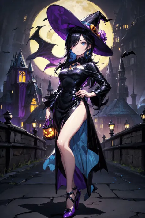 thick outlines, comics, photorealistic, 1girl, solo, <lora:RosalinaV3:0.7>, IncrsRsln, black hair, hair over one eye, RslnHllwn, witch hat, pruple dress, halloween costume, purple headwear, high heels, black dress, long dress, halloween, castle, town, detailed background, detailed face, detailed eyes, <lora:add_detail:0.7>