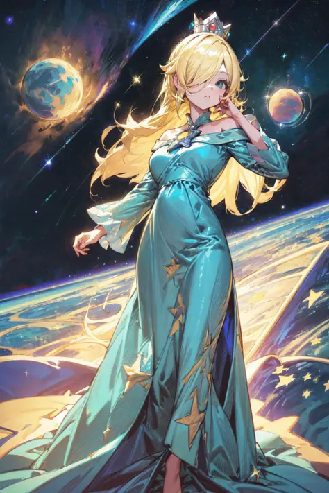 thick outlines, comics, photorealistic, 1girl, solo, <lora:RosalinaV3:0.9>, IncrsRsln, blonde hair, hair over one eye, RslnDef, crown, bare shoulders, off-shoulder dress, long sleeves, blue dress, long dress, aqua dress, space, stars, planets, garden, detailed background, detailed face, detailed eyes, <lora:add_detail:0.7>