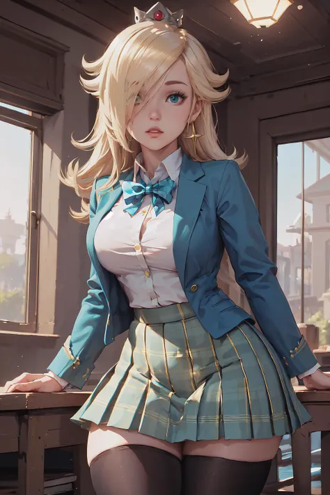 Highly detailed, High Quality, Masterpiece, beautiful, 1girl, IncrsRosalinaRng, <lora:Rosalina:0.8>, blazer, (blue jacket:1.1), red bow, book, green skirt, plaid skirt, pleated skirt, school uniform thighhighs, yellow sweater, cardigan, thick thighs,