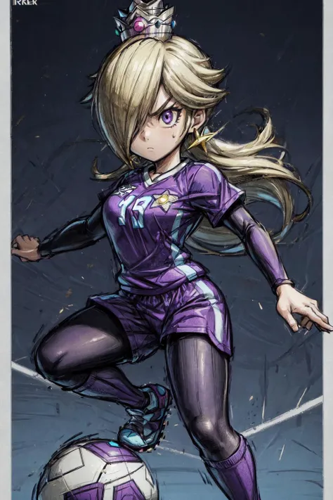 thick outlines, comics, photorealistic, 1girl, solo, <lora:MarioStrikerStyle:0.5>, Mario Striker Style, angry, <lora:RosalinaV3:0.9>, IncrsRsln, hair over one eye, RslnStriker, crown, soccer uniform, purple sportwear, pantyhouse, Soccer field, soccer ball, detailed background, detailed face, detailed eyes, <lora:add_detail:0.7>