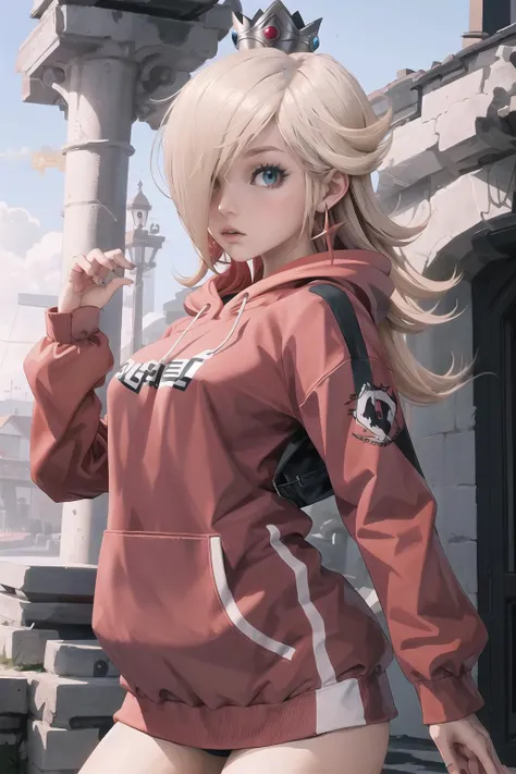 High Quality, Masterpiece, 1girl, RHG, wearing RHG_hoodie, red hoodie, <lora:Outfit_LittleRedHoodies:1>, IncrsRosalinaRng, <lora:Char_MarioSeries_Rosalina:0.85>