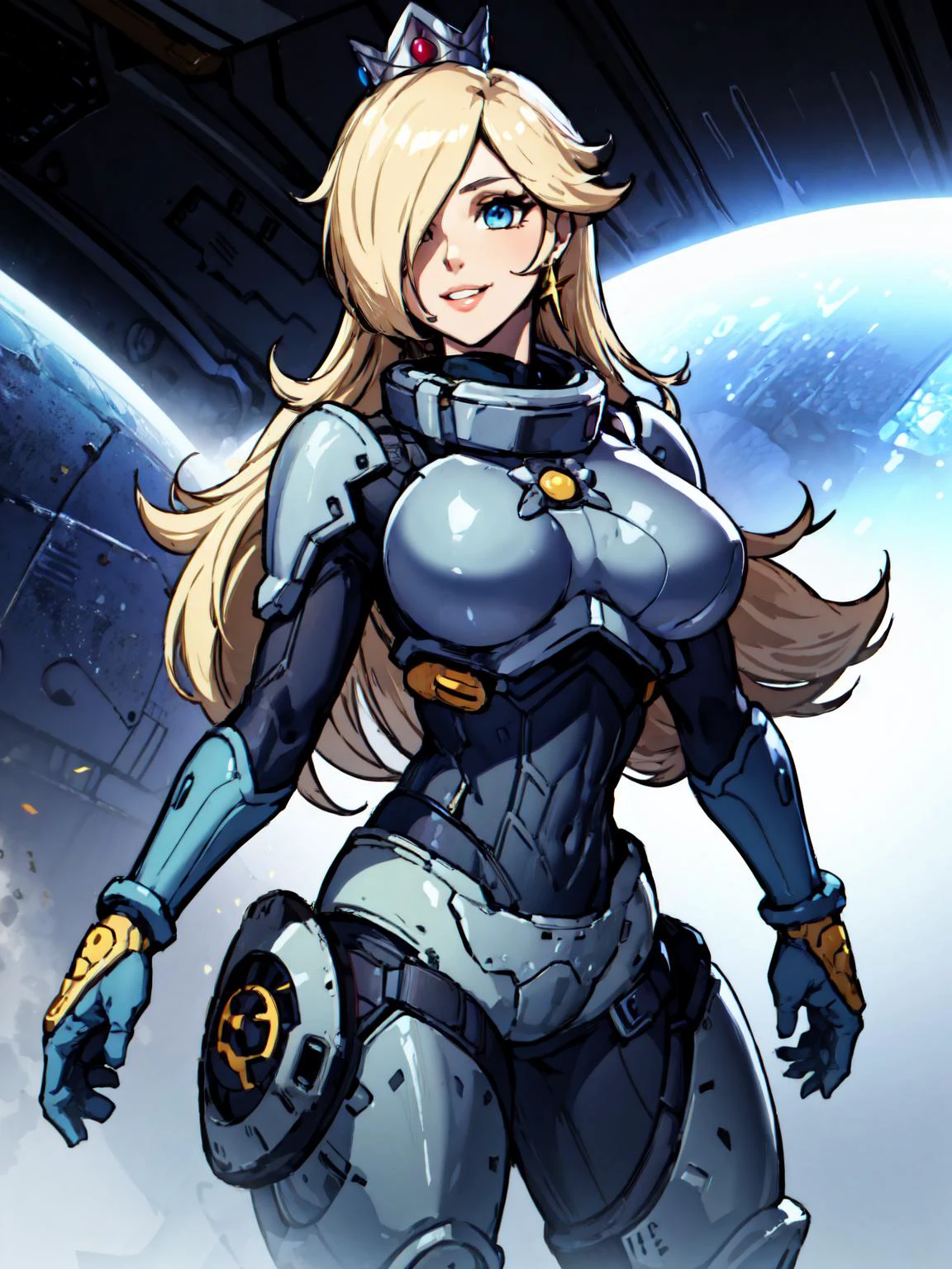 (masterpiece:1.2, best quality:1.2, beautiful, high quality, highres:1.1), detailed, extremely detailed 4K, perfect eyes, perfect face, perfect lighting, <lora:tool_addDetail:0.25>,(1girl, solo, adult female, mature female),
<lora:concept_costume_edgHaloArmors_(edgHalo_armor--power armor):1>, wearing edgHalo_armor,
<lora:character_rosalina-08:0.9>, crown, smile, lips, hair over one eye, blond hair, blue power armor, space station background, very tall, cowboy shot, large breasts, rosalina,