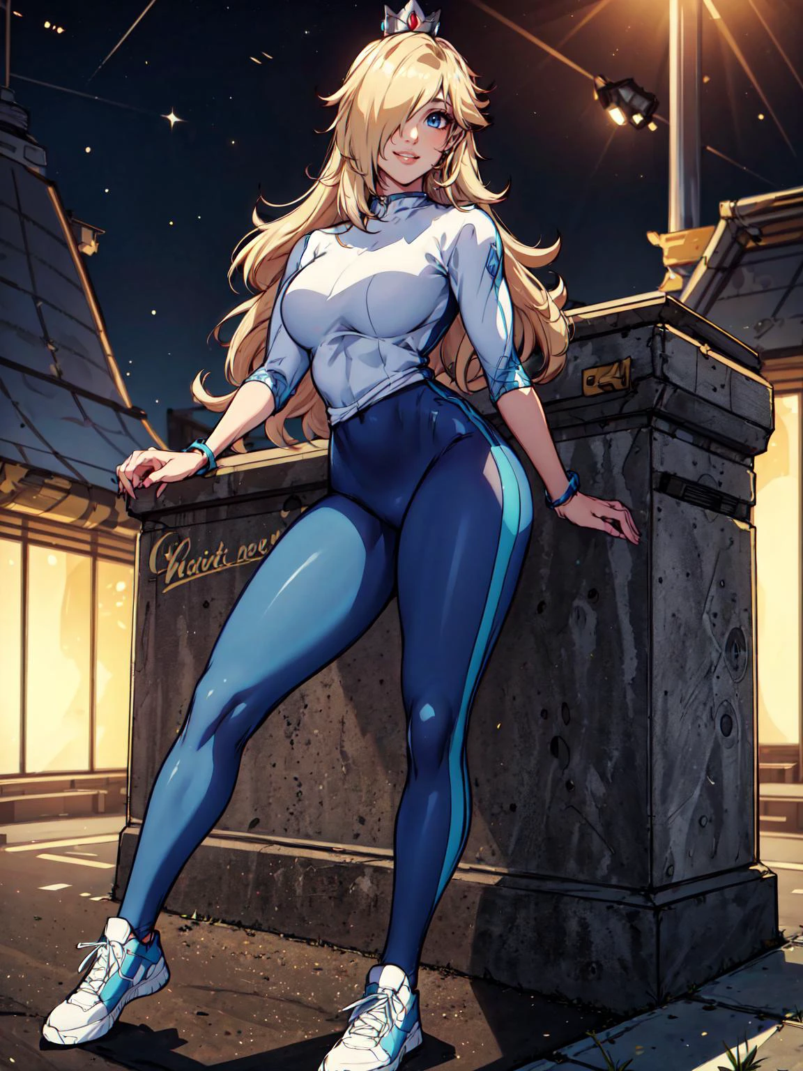 (masterpiece:1.2), (best quality:1.2), beautiful, high quality, (highres:1.1), detailed, extremely detailed 4K, perfect eyes, perfect face, perfect lighting, <lora:tool_addDetail:0.25>,(1girl, solo, adult female, mature female),
<lora:costume_scrunchbuttLeggings_(leggings):0.9>, leggings, muscular, outside, leggings,
<lora:character_rosalina-08:0.8>, rosalina, blond hair, long hair, blue outfit, blue eyes, smile, lips, hair over one eye, sneakers, legs apart, standing, looking at viewer