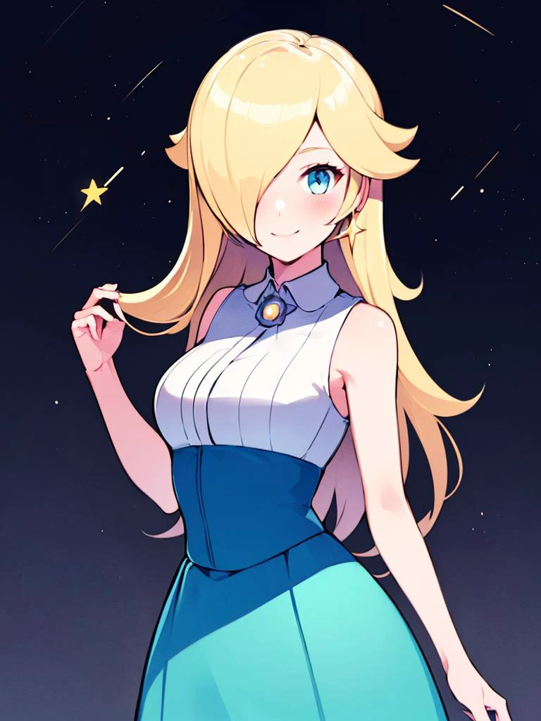 (best quality, ultra-detailed, best illustration, best shadow, masterpiece, high res, professional artwork, famous artwork), (1girl, solo), blond, virgin killer outfit, high-waist skirt, crown, outside, twilight, starry sky, smile, blush, looking at viewer, sleeveless, hair over one eye, luma