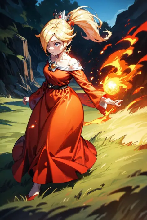 thick outlines, comics, photorealistic, 1girl, solo, fireball, fire magic, <lora:RosalinaV3:0.9>, IncrsRsln, blonde hair, hair over one eye, RslnFF, ponytail, crown, (red dress), bare shoulders, off-shoulder dress, long sleeves, kingdom, grass, detailed background, detailed face, detailed eyes, <lora:add_detail:0.7>