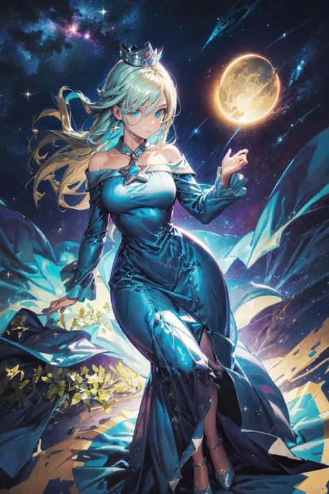 thick outlines, comics, photorealistic, 1girl, solo, <lora:RosalinaV3:0.8>, IncrsRsln, hair over one eye, RslnDef, crown, bare shoulders, off-shoulder dress, long sleeves, blue dress, long dress, aqua dress, space, stars, planets, garden, detailed background, detailed face, detailed eyes, <lora:add_detail:0.7>