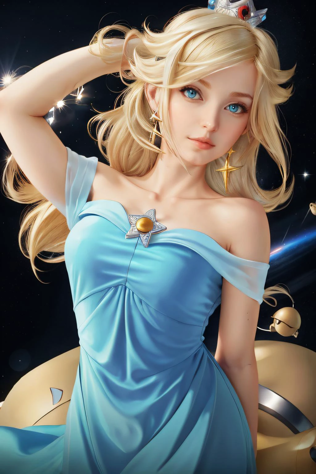 masterpiece, best quality, beautiful, Medium full shot, 1woman, IncrsRosalinaDef, blue dress, gentle, blonde hair, blue eyes, earrings, perfect hands, <lora:Rosalina:0.85> crown <lora:age_slider_v1:-.5> <lora:add_detail:-.2> , looking at viewer, space, stars, super_mario_galaxy, <lora:GoodHands-beta2:1>