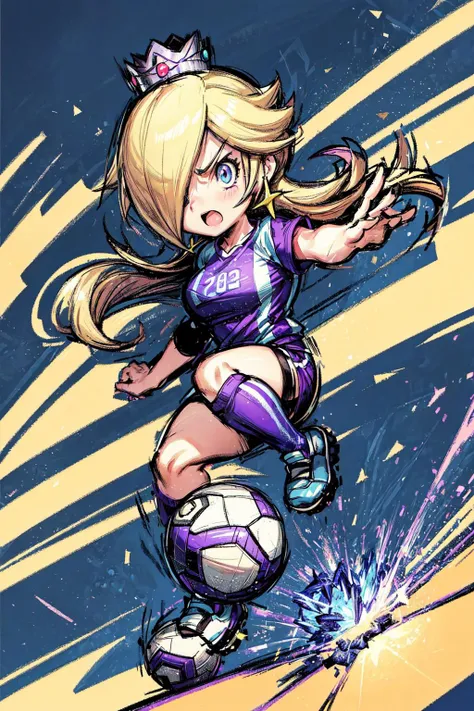 thick outlines, comics, photorealistic, 1girl, solo, <lora:MarioStrikerStyle:0.5>, Mario Striker Style, angry, <lora:RosalinaV3:0.9>, IncrsRsln, hair over one eye, RslnStriker, crown, soccer uniform, purple sportwear, pantyhouse, Soccer field, soccer ball, detailed background, detailed face, detailed eyes, <lora:add_detail:0.7>