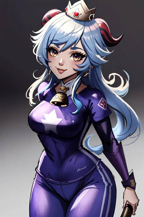Highly detailed, High Quality, Masterpiece, beautiful, sharp focus, shiny skin, best quality, perfect anatomy:1.4, high detailed, 8k, highres, lineart, sketch, (masterpiece:1.4), (highest quality:1.4), (sharp focus:1.2), (digital painting:1.1), 8k wallpaper, (tight gap:1.2), (detailed face and eyes), (1girl, solo:1.5), (cowboy shot:1.2), smile, <lora:Rosalina-08:0.6>, (Rosalina_Striker:1.2), Ganyu\(genshin impact\), Ganyu:1.2, bangs, bell, ((blue hair)), chinese knot, flower knot, horns, long hair, medium breasts, neck bell, purple eyes, <lora:Char_GenshinImpact_Ganyu:0.75>