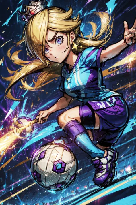 thick outlines, comics, photorealistic, 1girl, solo, <lora:MarioStrikerStyle:0.5>, Mario Striker Style, angry, <lora:RosalinaV3:0.9>, IncrsRsln, hair over one eye, RslnStriker, crown, soccer uniform, purple sportwear, pantyhouse, Soccer field, soccer ball, detailed background, detailed face, detailed eyes, <lora:add_detail:0.7>