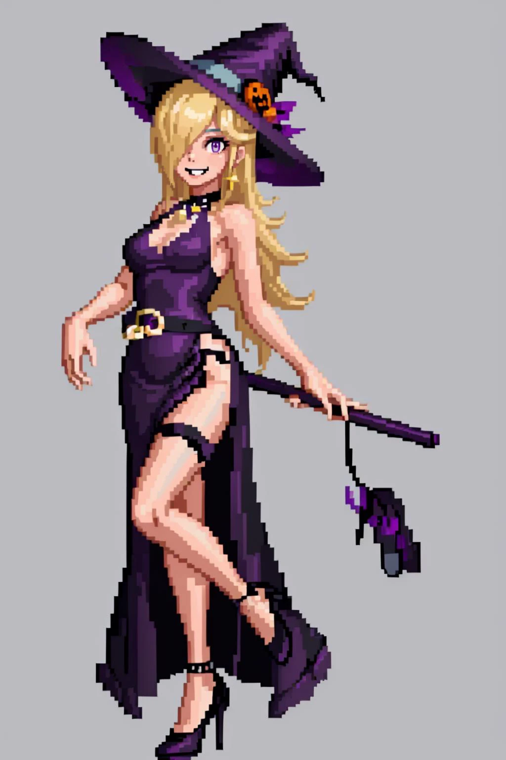 masterpiece, best quality, solo, 1girl, smile, looking at viewer, <lora:RosalinaV3:0.8>, IncrsRsln, hair over one eye, RslnHllwn, witch hat, pruple dress, halloween costume, purple headwear, high heels, (black dress), long dress, <lora:SNK-Kof_sprites_Fp:0.8>, simple background, full body, blonde hair, standing,
