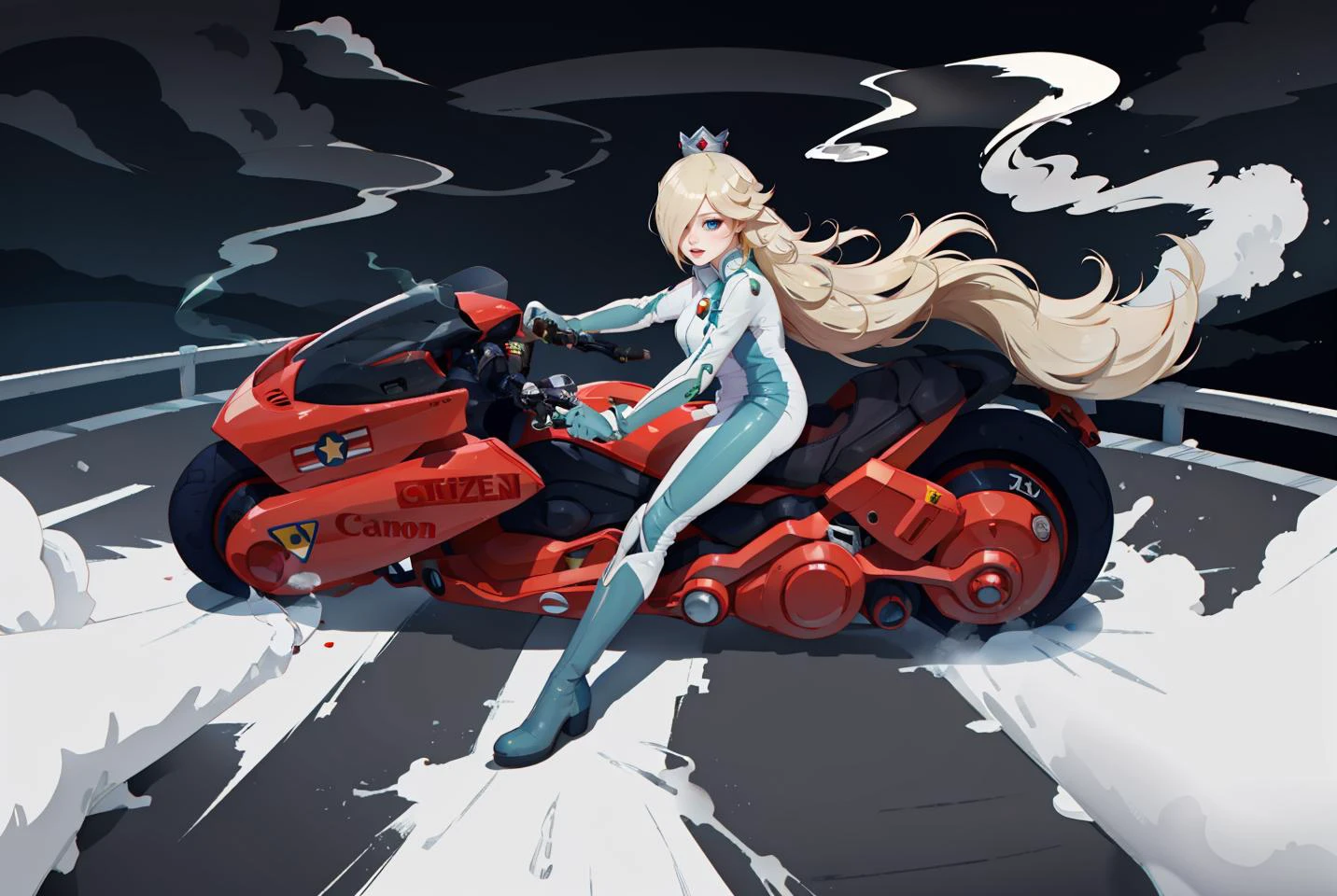 Ultra detailed, sharp focus, Masterpiece, best quality, beautiful, 1girl, Rosalina_Biker, blonde hair, blue eyes, hair over one eye, wearing white body suit, blue boots, crown, (smoke:1.2), riding motor vehicle, akirabike, <lora:akirabikev0.2:.7> night, <lyco:Rosalina-08:.75>