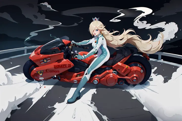 Ultra detailed, sharp focus, Masterpiece, best quality, beautiful, 1girl, Rosalina_Biker, blonde hair, blue eyes, hair over one eye, wearing white body suit, blue boots, crown, (smoke:1.2), riding motor vehicle,  akirabike, <lora:akirabikev0.2:.7>  night, <lyco:Rosalina-08:.75>