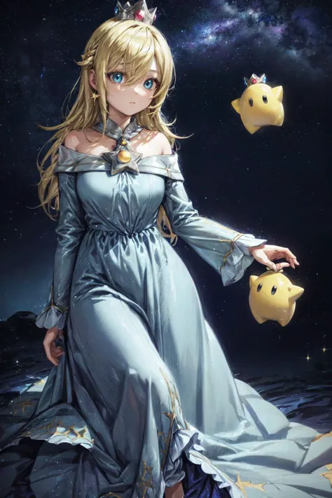 thick outlines, comics, photorealistic, 1girl, solo, <lora:RosalinaV3:0.9>, IncrsRsln, blonde hair, hair over one eye, RslnDef, crown, bare shoulders, off-shoulder dress, long sleeves, blue dress, long dress, aqua dress, space, stars, planets, garden, detailed background, detailed face, detailed eyes, <lora:add_detail:0.7>