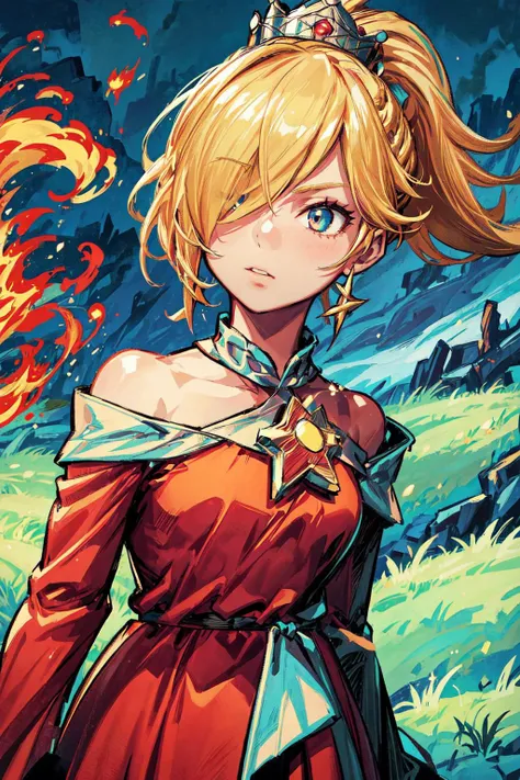 thick outlines, comics, photorealistic, 1girl, solo, fireball, fire magic, <lora:RosalinaV3:0.9>, IncrsRsln, blonde hair, hair over one eye, RslnFF, ponytail, crown, (red dress), bare shoulders, off-shoulder dress, long sleeves, kingdom, grass, detailed background, detailed face, detailed eyes, <lora:add_detail:0.7>