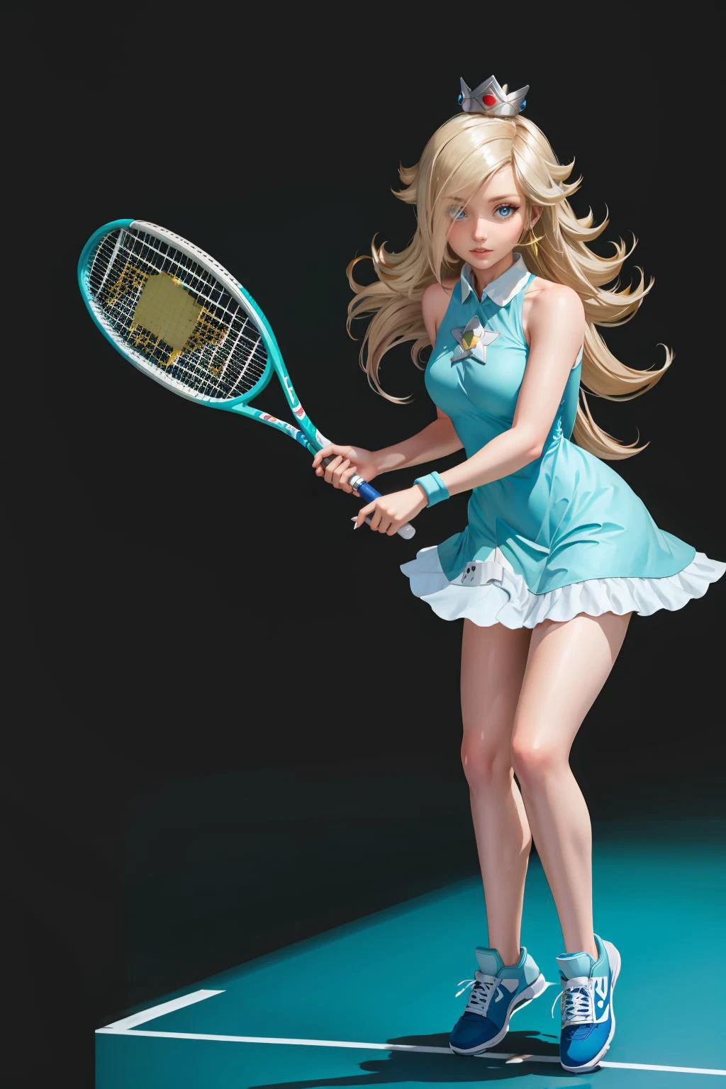 masterpiece, best quality, beautiful, 1woman, standing on a tennis_court, IncrsRosalinaTennis, tennis uniform, confident, long hair, blue eyes, earrings, perfect hands, hold a tennis racket, <lora:Rosalina:0.85> crown <lora:age_slider_v1:-.5>, looking at viewer, stadium, crowd, <lora:GoodHands-beta2:1>