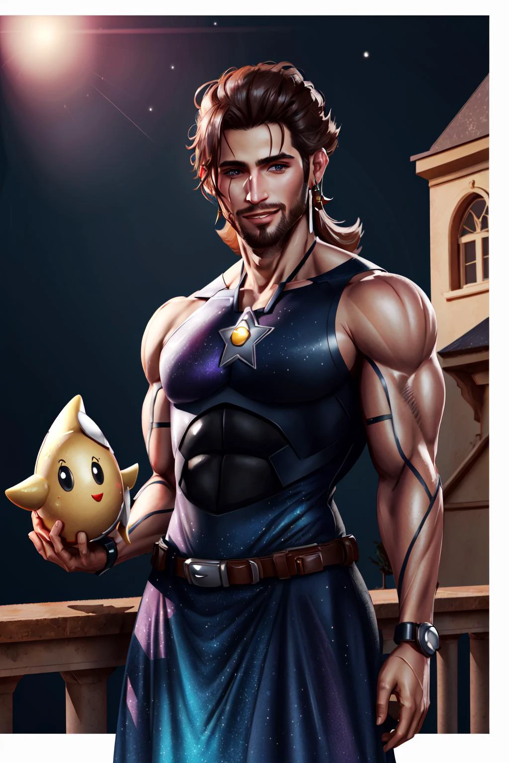 Highly detailed, High Quality, Masterpiece, beautiful, sharp focus, shiny skin, best quality, perfect anatomy:1.4, high detailed, 8k, highres, lineart, sketch, (masterpiece:1.4), (highest quality:1.4), (sharp focus:1.2), (digital painting:1.1), 8k wallpaper, (tight gap:1.2), (detailed face and eyes), (1boy, solo:1.5), (cowboy shot:1.2), smile, <lora:Rosalina-08:0.7>, (Rosalina_StarryNightDress:1.2), Jetstream Sam, facial hair, male focus, beard, <lora:Char_MGR_JetstreamSam:0.5>