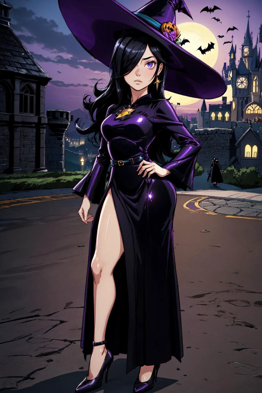 thick outlines, comics, photorealistic, 1girl, solo, <lora:RosalinaV3:0.7>, IncrsRsln, black hair, hair over one eye, RslnHllwn, witch hat, pruple dress, halloween costume, purple headwear, high heels, black dress, long dress, halloween, castle, town, detailed background, detailed face, detailed eyes, <lora:add_detail:0.7>