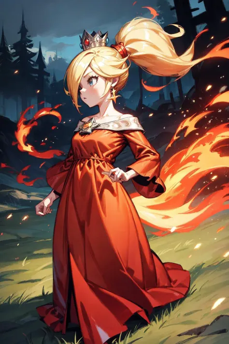 thick outlines, comics, photorealistic, 1girl, solo, fireball, fire magic, <lora:RosalinaV3:0.9>, IncrsRsln, blonde hair, hair over one eye, RslnFF, ponytail, crown, (red dress), bare shoulders, off-shoulder dress, long sleeves, kingdom, grass, detailed background, detailed face, detailed eyes, <lora:add_detail:0.7>