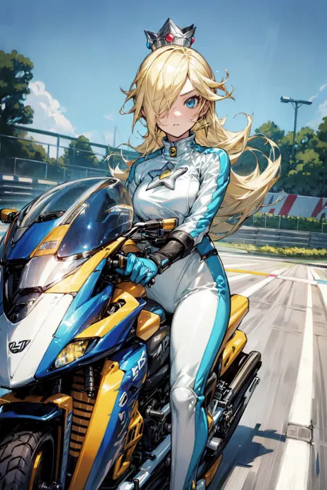 thick outlines, comics, photorealistic, 1girl, solo, driving a bike, <lora:RosalinaV3:0.9>, IncrsRsln, blonde hair, hair over one eye, RslnBiker, biker clothes, bikesuit, crown, bodysuit, gloves, kart race, race track, detailed background, detailed face, detailed eyes, <lora:add_detail:0.7>