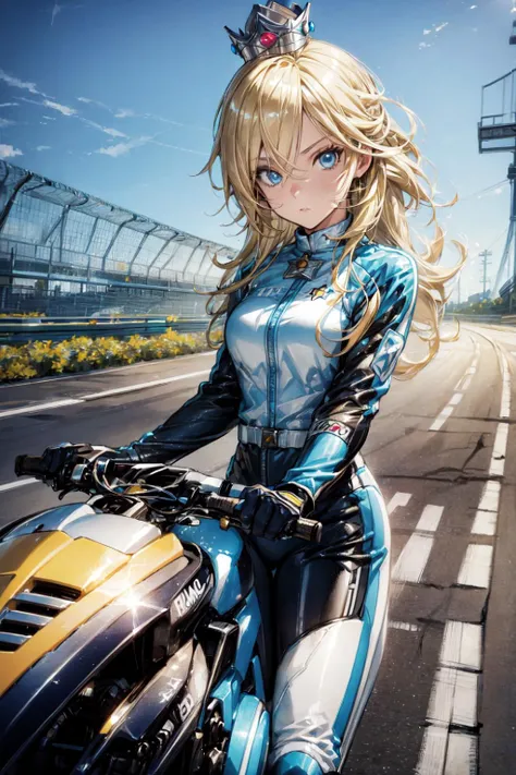 thick outlines, comics, photorealistic, 1girl, solo, driving a bike, <lora:RosalinaV3:0.9>, IncrsRsln, blonde hair, hair over one eye, RslnBiker, biker clothes, bikesuit, crown, bodysuit, gloves, kart race, race track, detailed background, detailed face, detailed eyes, <lora:add_detail:0.7>