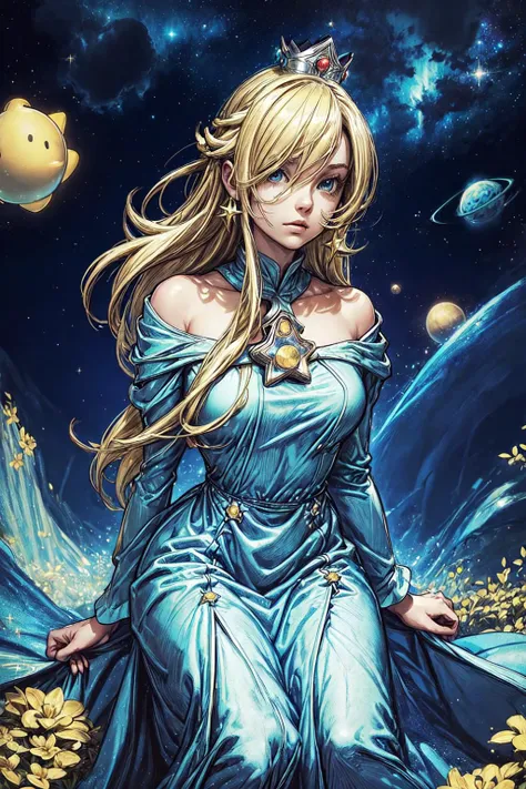 thick outlines, comics, photorealistic, 1girl, solo, <lora:RosalinaV3:0.9>, IncrsRsln, blonde hair, hair over one eye, RslnDef, crown, bare shoulders, off-shoulder dress, long sleeves, blue dress, long dress, aqua dress, space, stars, planets, garden, detailed background, detailed face, detailed eyes, <lora:add_detail:0.7>