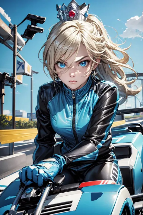 thick outlines, comics, photorealistic, 1girl, solo, driving a kart, holding a blue shell, death stare, <lora:RosalinaV3:0.8>, IncrsRsln, hair over one eye, RslnBiker, biker clothes, bikesuit, crown, bodysuit, gloves, kart race, race track, detailed background, detailed face, detailed eyes, <lora:add_detail:0.7>