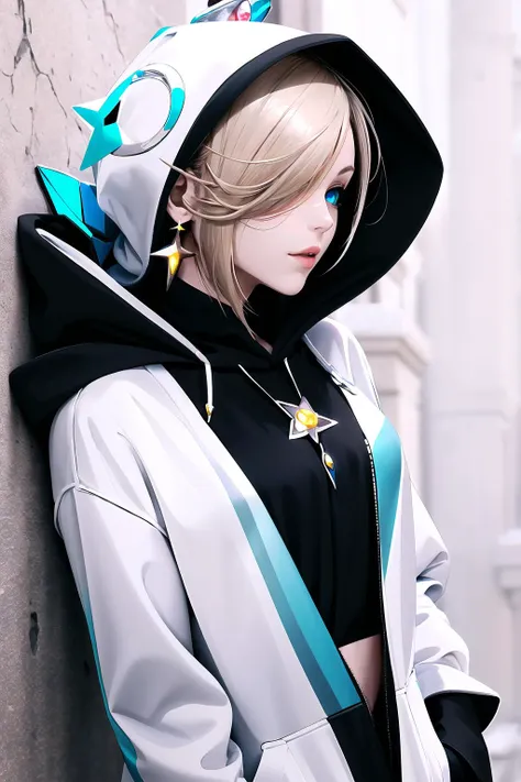 Highly detailed, High Quality, Masterpiece, beautiful, hoodie, edgTM, wearing edgTM_style fashion, eccentric clothing, <lora:Outfit_Mugler:1>, Rosalina, Rosalina_Casual, one eye covered, hair over one eye, <lora:Char_MarioSeries_Rosalina:0.8>, hood up, jewelry,