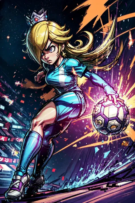 thick outlines, comics, photorealistic, 1girl, solo, <lora:MarioStrikerStyle:0.5>, Mario Striker Style, angry, <lora:RosalinaV3:0.9>, IncrsRsln, hair over one eye, RslnStriker, crown, soccer uniform, purple sportwear, pantyhouse, Soccer field, soccer ball, detailed background, detailed face, detailed eyes, <lora:add_detail:0.7>