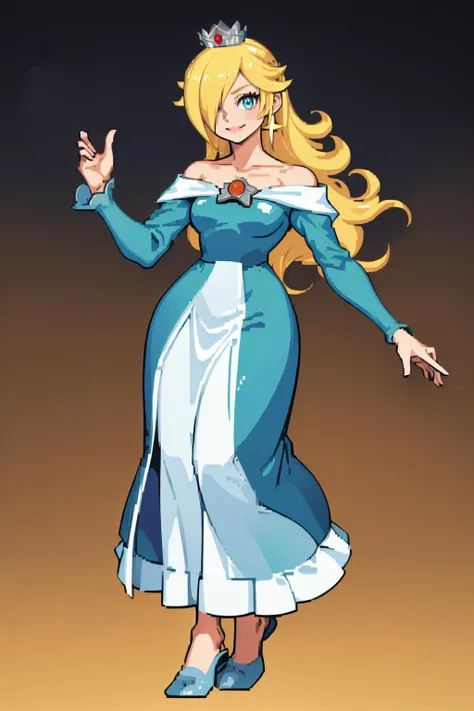 masterpiece, best quality, solo, 1girl, smile, looking at viewer, <lora:RosalinaV3:1>, IncrsRsln, hair over one eye, RslnDef, crown, bare shoulders, off-shoulder dress, long sleeves, blue dress, long dress, aqua dress, <lora:Cps2V3test_Fp:0.8>, simple background, full body, blonde hair, standing,