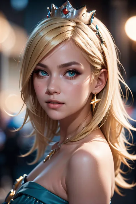 masterpiece best quality, candid shot, 8K RAW, bokeh, rosalina, crown, blonde hair, hair over one eye, strapless blue dress, <lora:RosalinaV3:0.75>