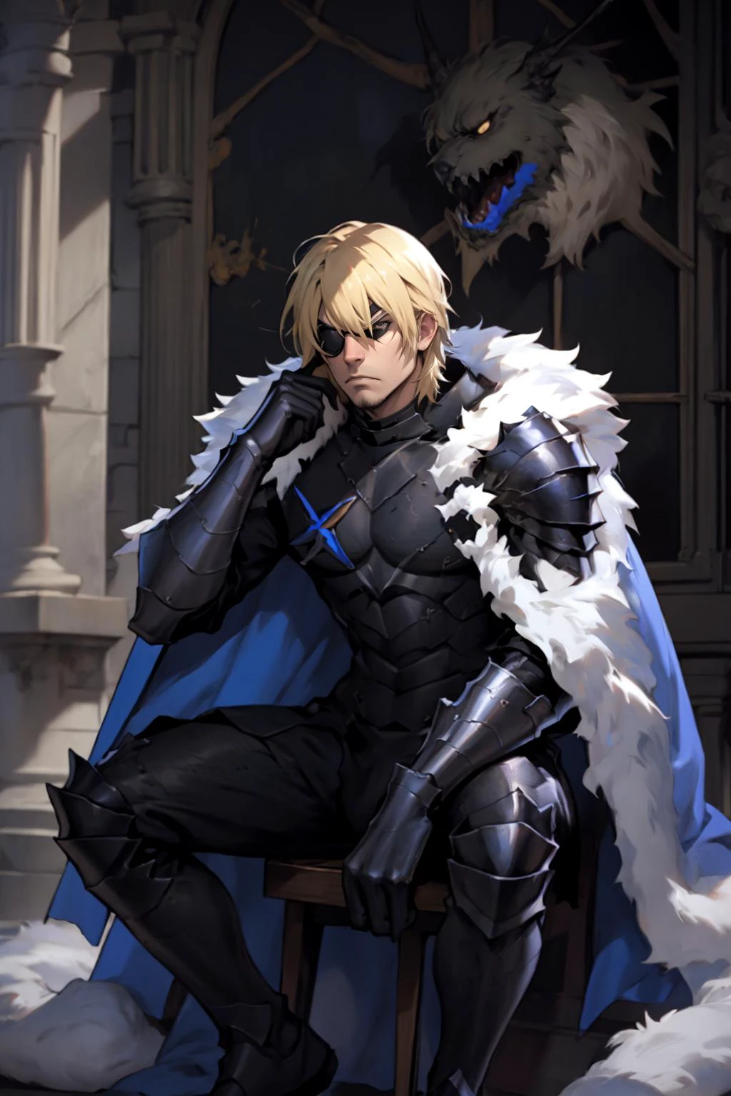 best quality, Mature male, propped up on one hand (sitting or standing), <lora:Dimitri:1> DimitriAfter, black armor, cape, eyepatch, angry,