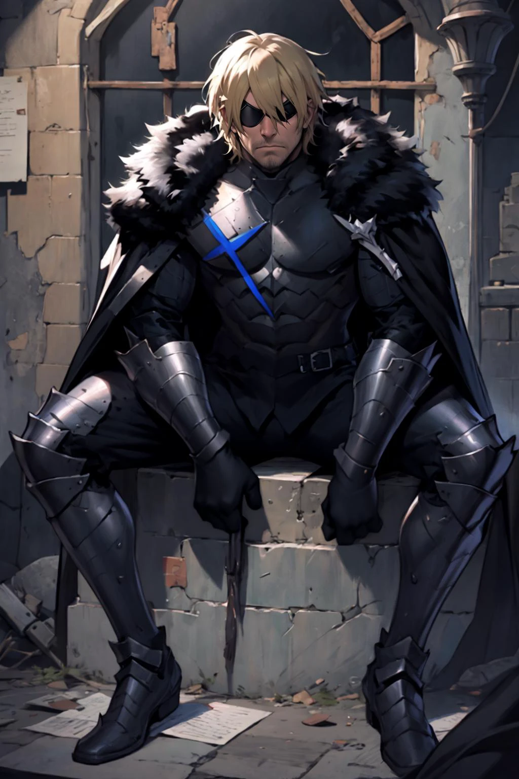 best quality, Mature male, propped up on one elbow (resting), <lora:Dimitri:1> DimitriAfter, black armor, cape, eyepatch, angry,