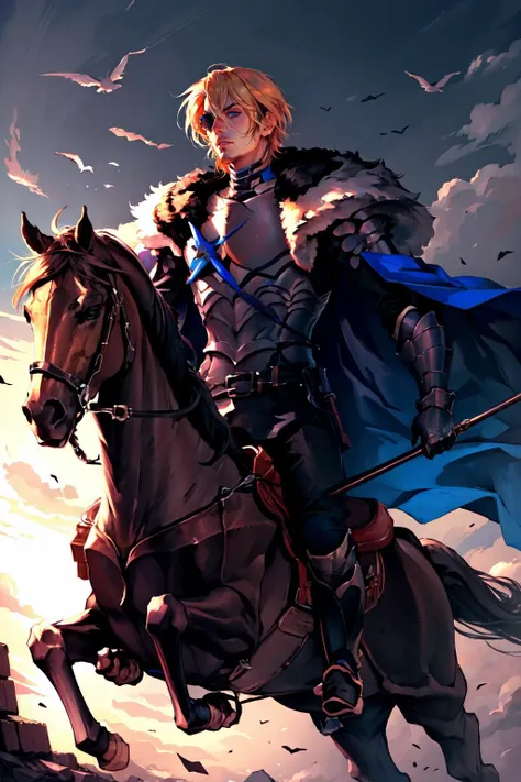 Highly detailed, High Quality, Masterpiece, beautiful, DimitriAfter, <lora:Dimitri:0.9>, 1boy, solo, horse, riding, horseback_riding, knight, <lora:Pos_HorsebackRiding:0.6>