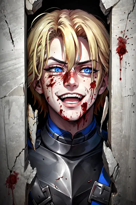 Highly detailed, High Quality, Masterpiece, beautiful, DimitriPre, <lora:Dimitri:1>, solo, 1boy, Johnny, broken wall, :d, face only, <lora:Pos_HereIsJohnny:0.8>, gesugao, gesugao facial expression, sadistic smile, <lora:Expression_Gesugao:0.8>, blood, blood on face, blue eyes