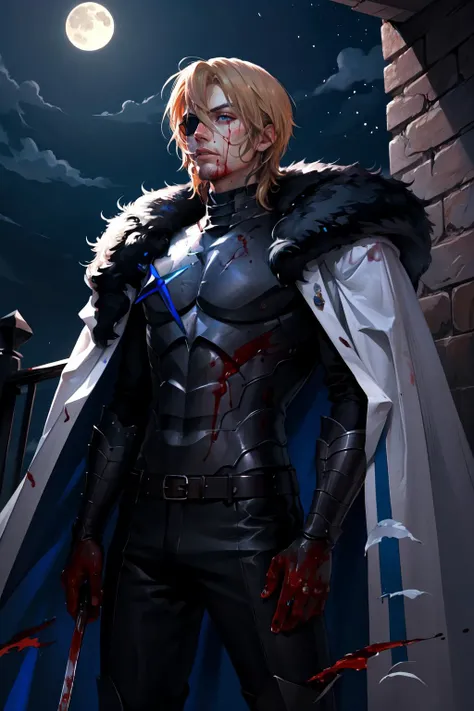 Highly detailed, High Quality, Masterpiece, beautiful, DimitriAfter, <lora:Dimitri:0.9>, 1boy, solo, cowboy shot, night, night sky, moon, blood, blood on face, blood on clothes,