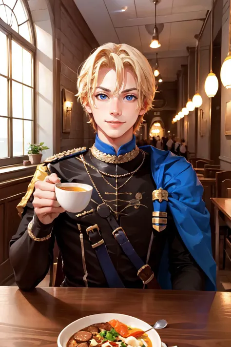 Highly detailed, High Quality, Masterpiece, beautiful, DimitriPre, <lora:Dimitri:0.9>, 1boy, solo, food, simple background, elbows on table, cup, blurry background, indoors, upper body, <lora:Pos_AcrossTable:1>, tea, light smile, relaxed,