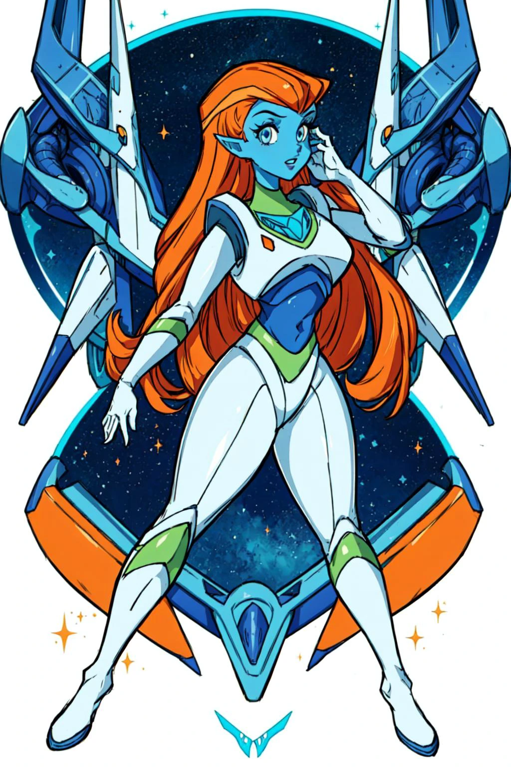 1girl, solo, dynamic pose, <lora:mira_nova_v1-10:0.8>, mira_nova, blue skin, orange hair, pointy ears, spaceship inside, space, , <lora:add_detail:0.7>, <lora:tachi-e:1>, white background, full body,