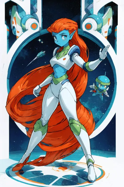 1girl, solo, dynamic pose, <lora:mira_nova_v1-10:0.8>, mira_nova, blue skin, orange hair, pointy ears, spaceship inside, space, , <lora:add_detail:0.7>, <lora:tachi-e:1>, white background, full body,