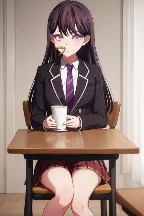 best quality, masterpiece, highres, solo, {shiina_taki_bangdreamitsmygo:1.15}, long_hair, black_hair, purple_eyes, mole_under_eye, mole, bangs, indoors, brown_hair, 1girl, blazer, collared_shirt, jacket, necktie, purple_necktie, school_uniform, shirt, white_shirt, black_jacket, chair, long_sleeves, sitting, cup, closed_mouth